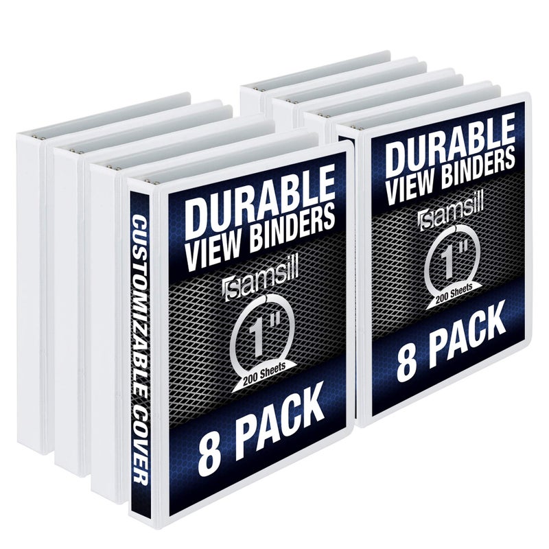 Samsill Durable 1 Inch Binder  Made in the USA  Round Ring Customizable Clear View Binder  White  8 Pack (S88437) - Image 1